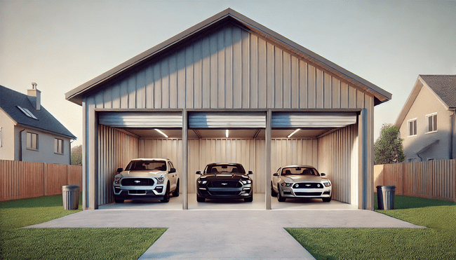 A large garage with three cars