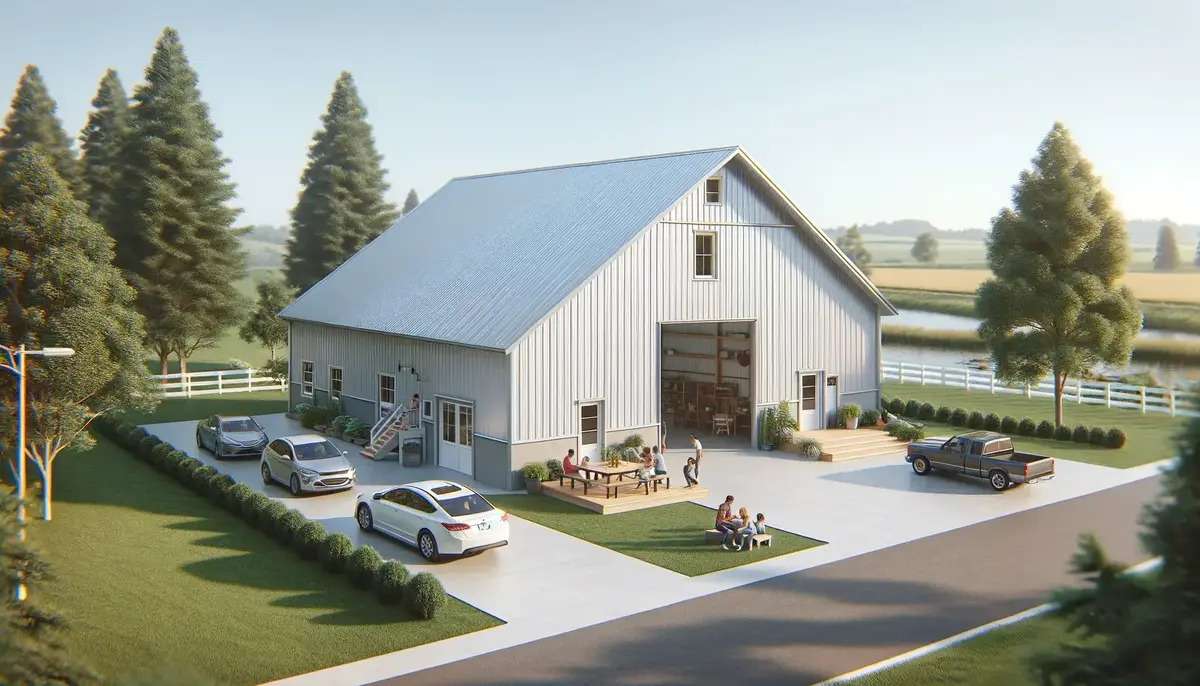 A customized metal building with people and cars