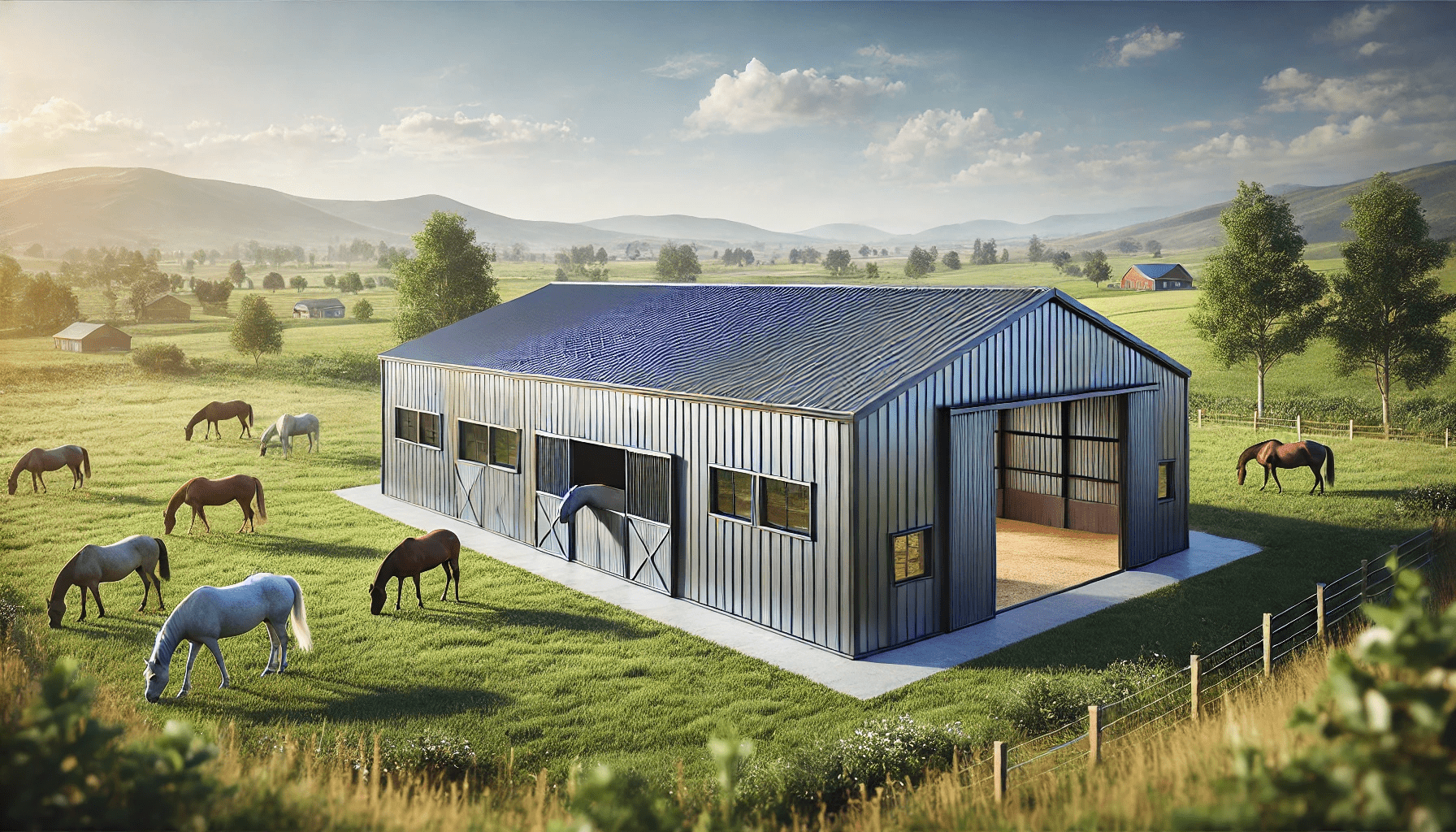 A metal barns for horses.