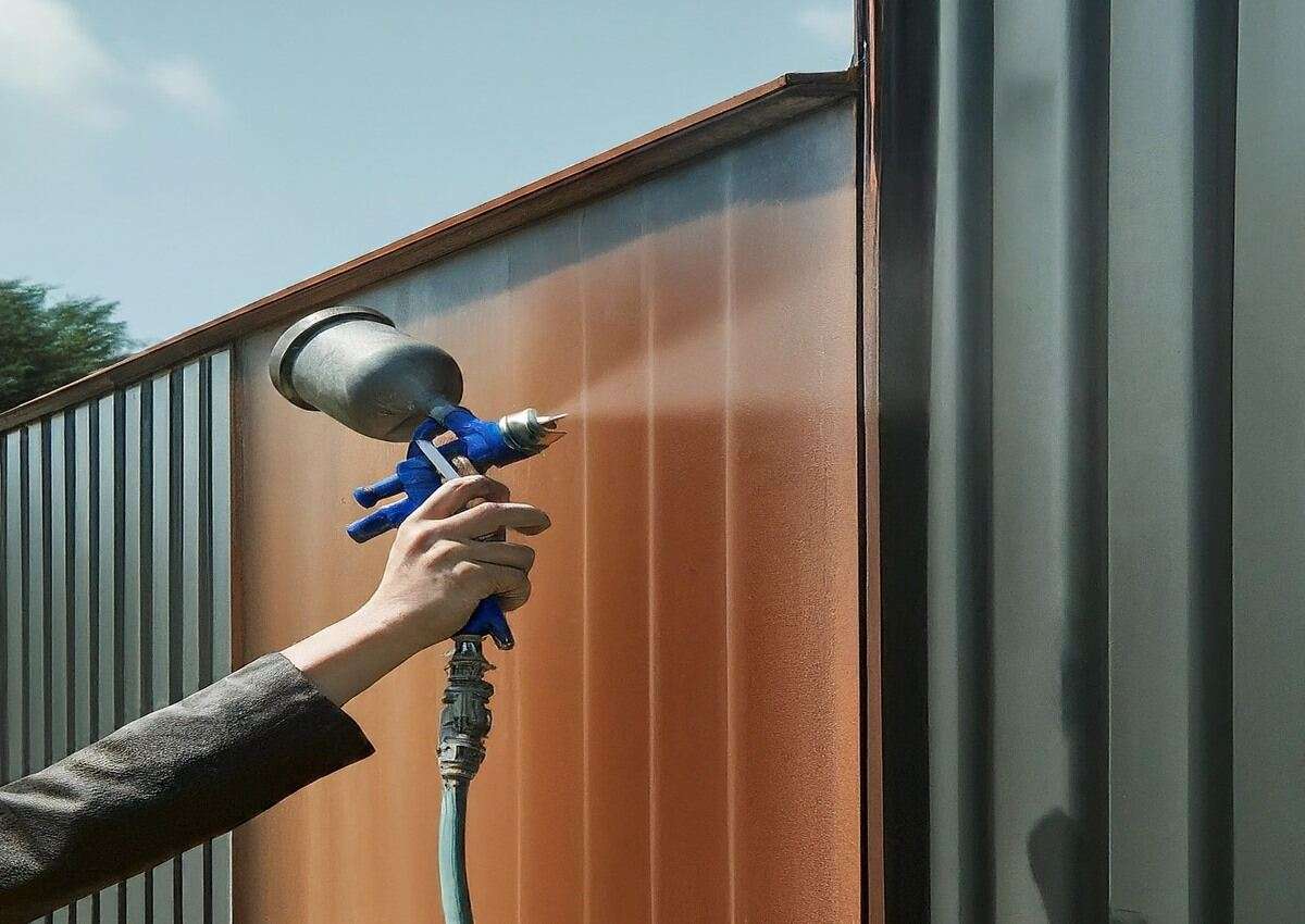 A metal garage being treated with protective coatings