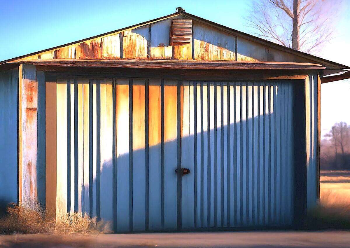 An aged metal garage