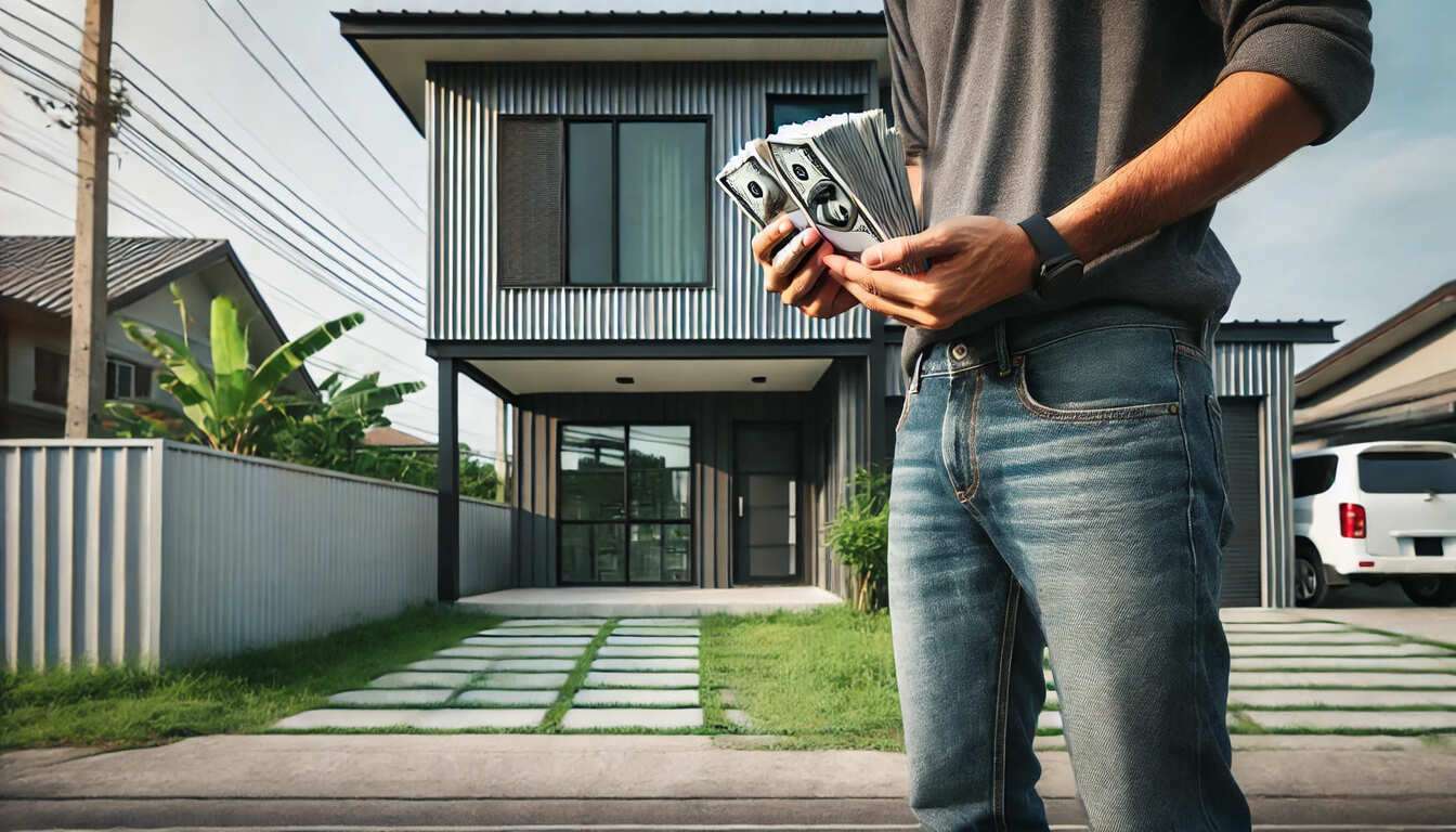 A person counting money in front of a residential metal building