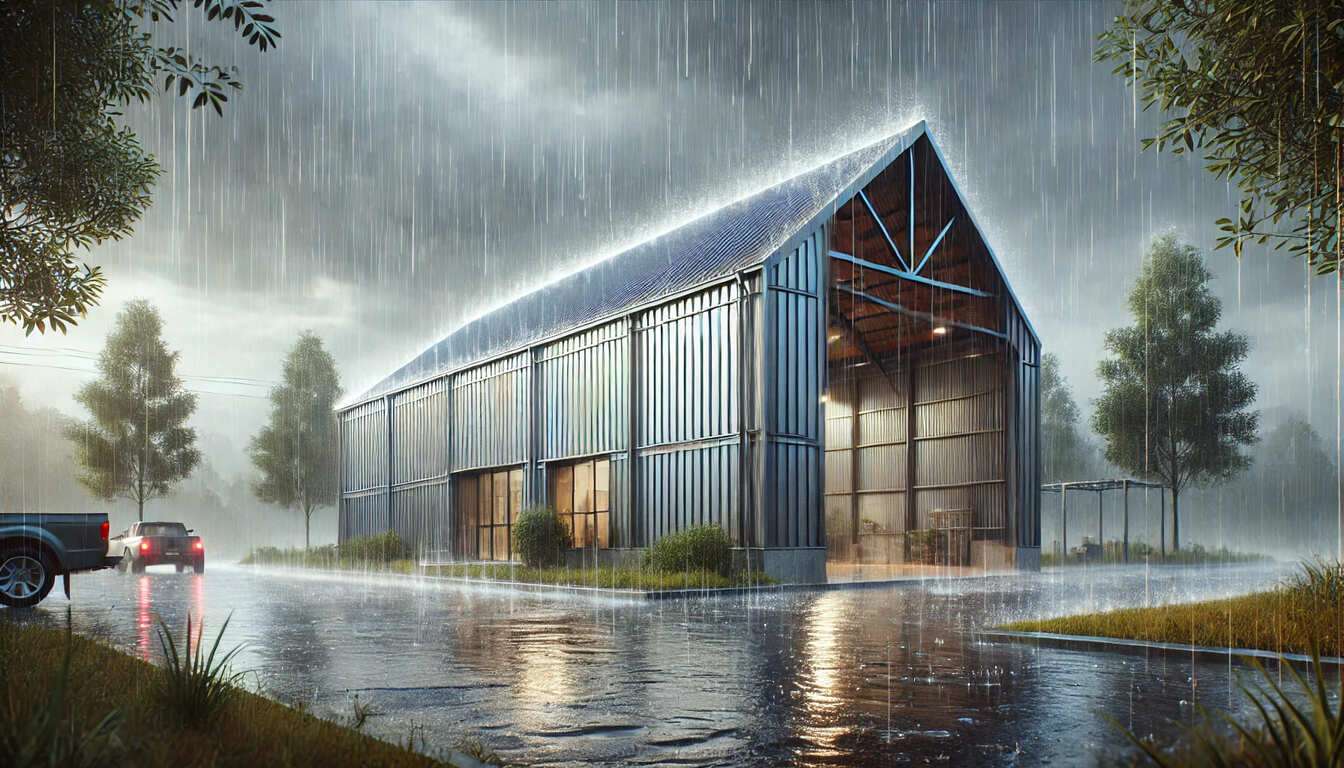 The steel building endures heavy rain