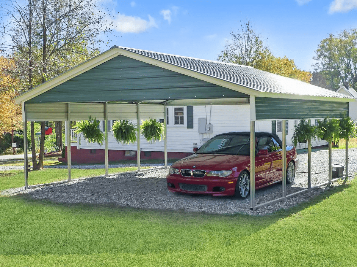 A car parked on a metal carport