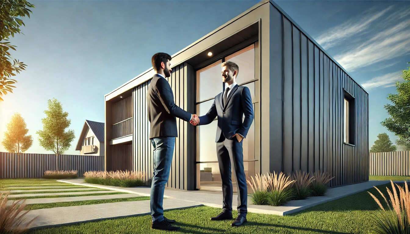 Two people shaking hands in front of a newly built metal building