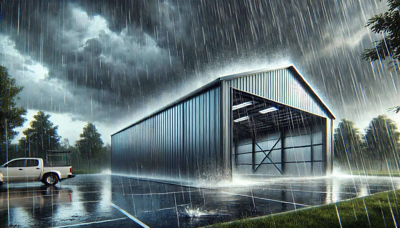 Heavy rain poured on the newly built metal building