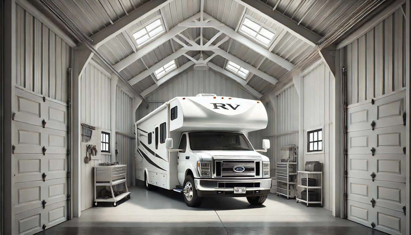 An RV parked inside a metal garage