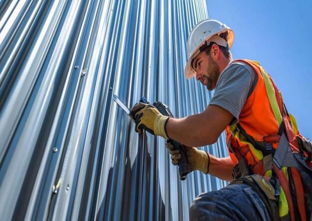 A construction worker attaching insulation to the metal siding of new steel buildings