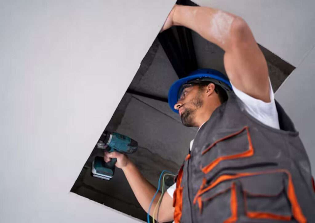 A handyman installing insulation on the loft and walls