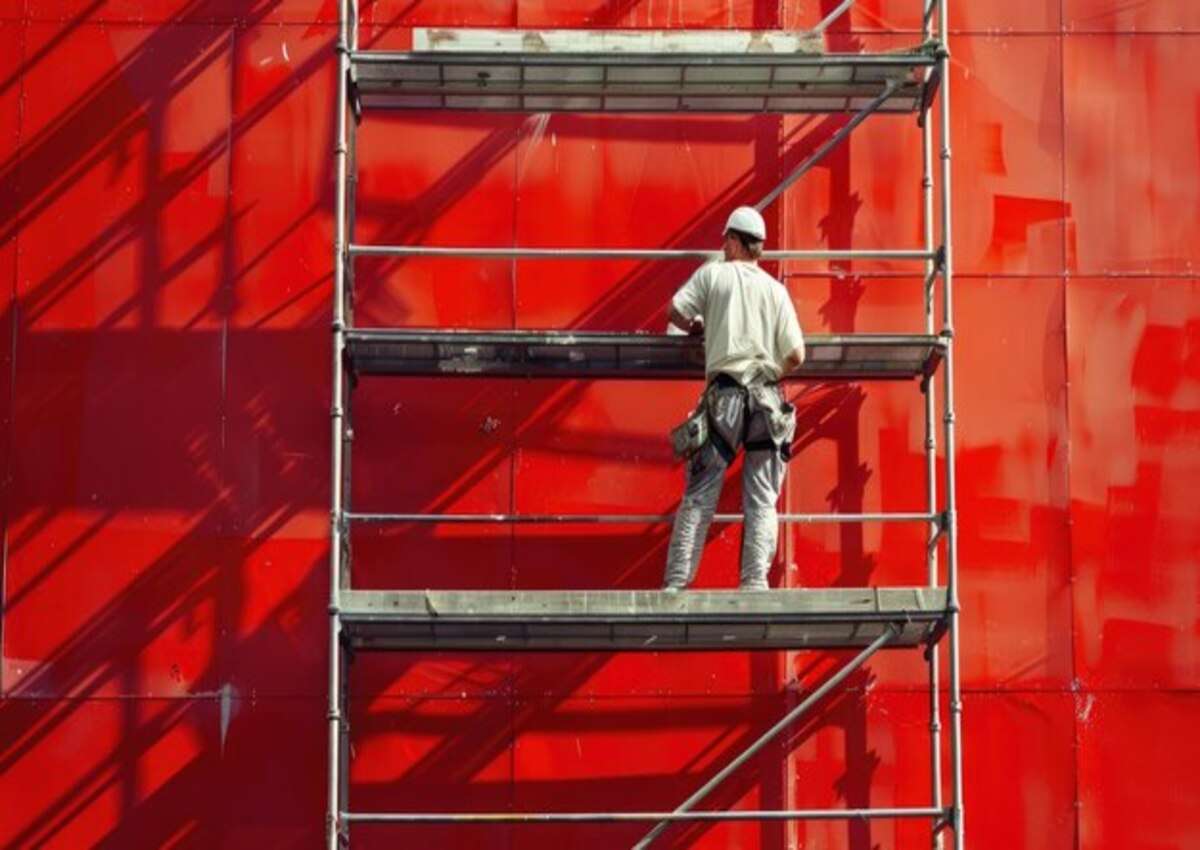 A handyman painting the wall of a metal building