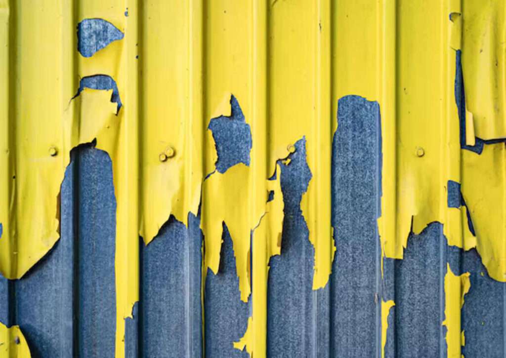 A metal wall with flaking paint