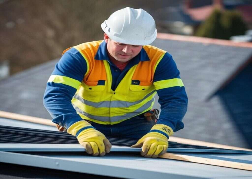 A roofer applying insulation to a roof