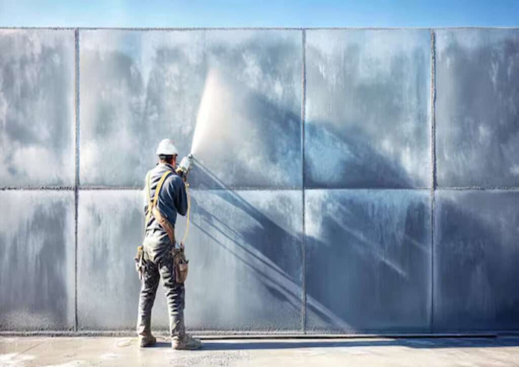 A worker power-washing a metal panel surface for a paint job