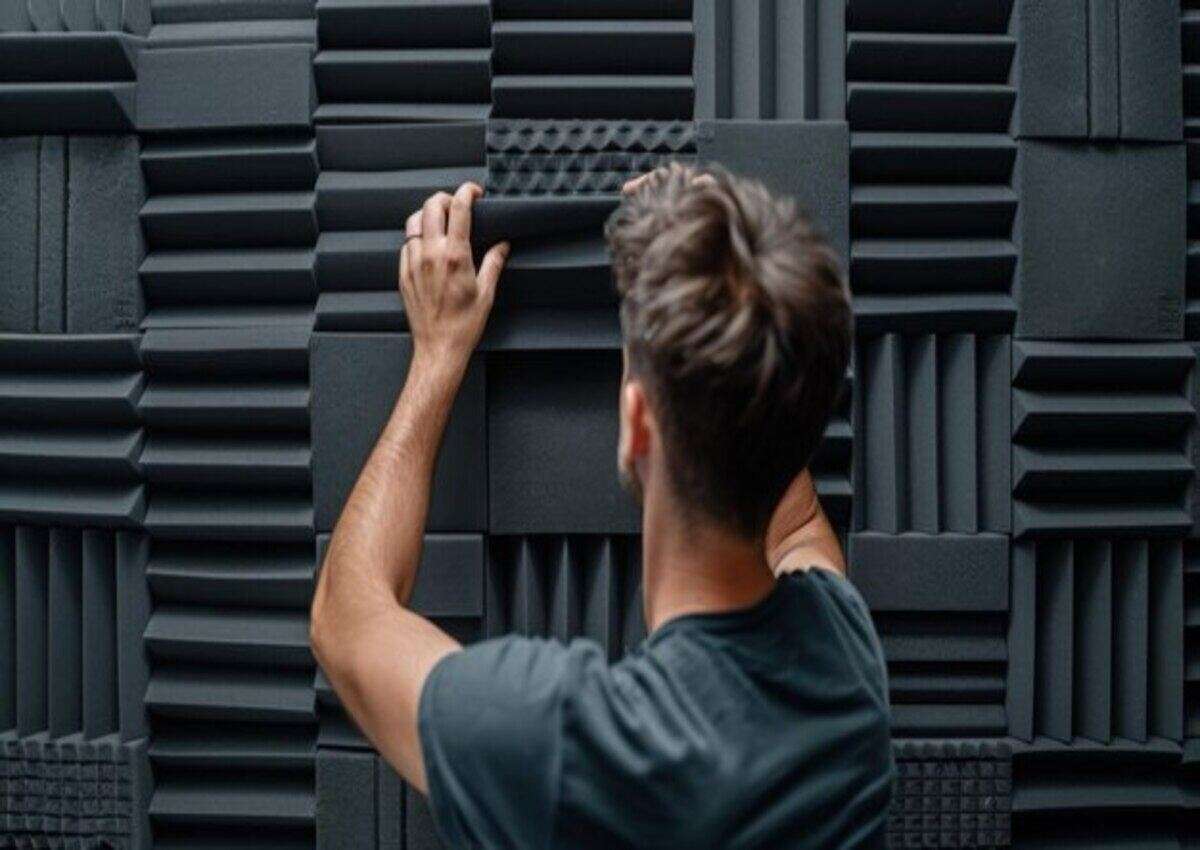 A young man installing acoustic foam panels on the wall of a steel-type studio