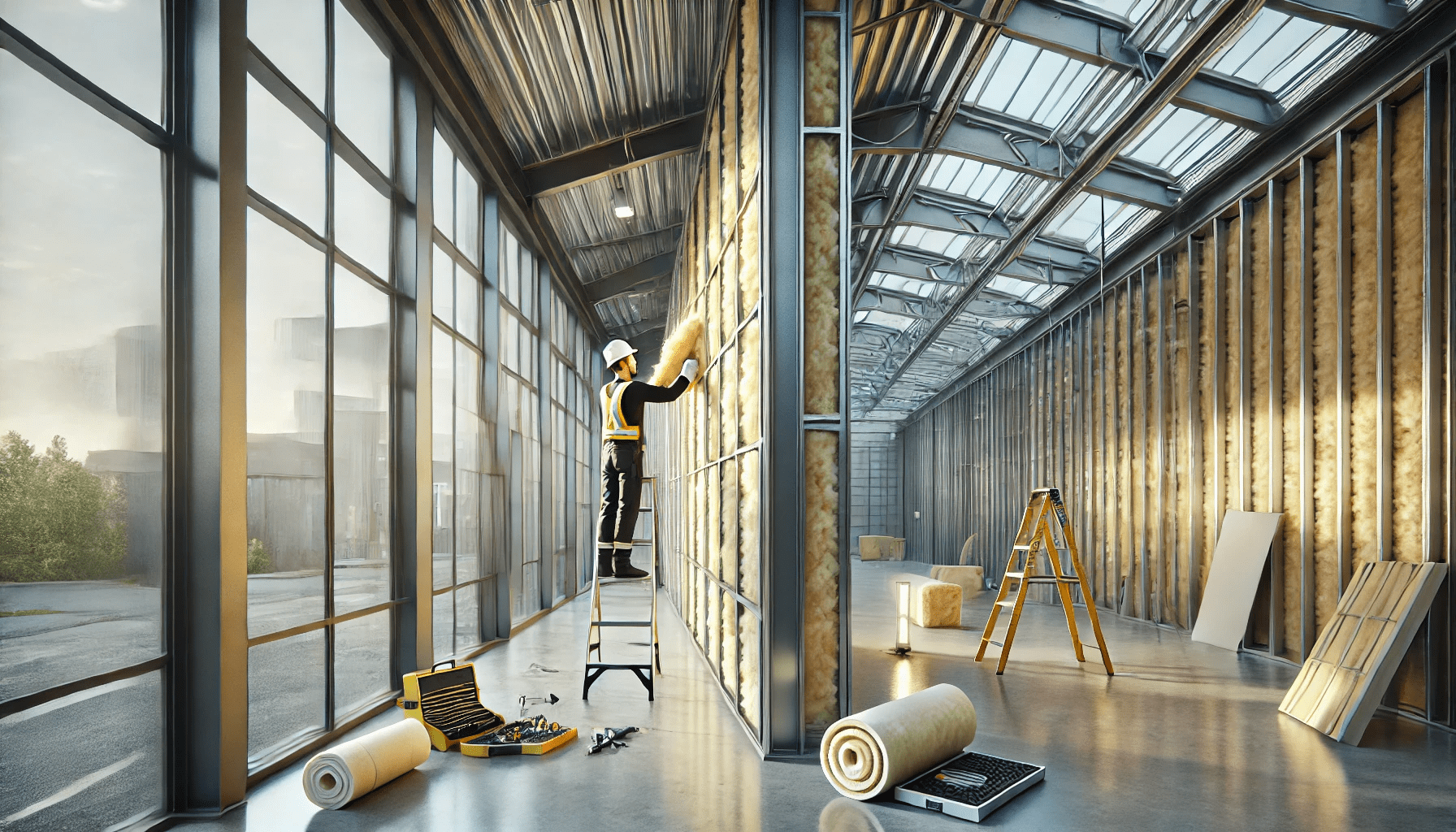 a person installing insulation inside a metal building