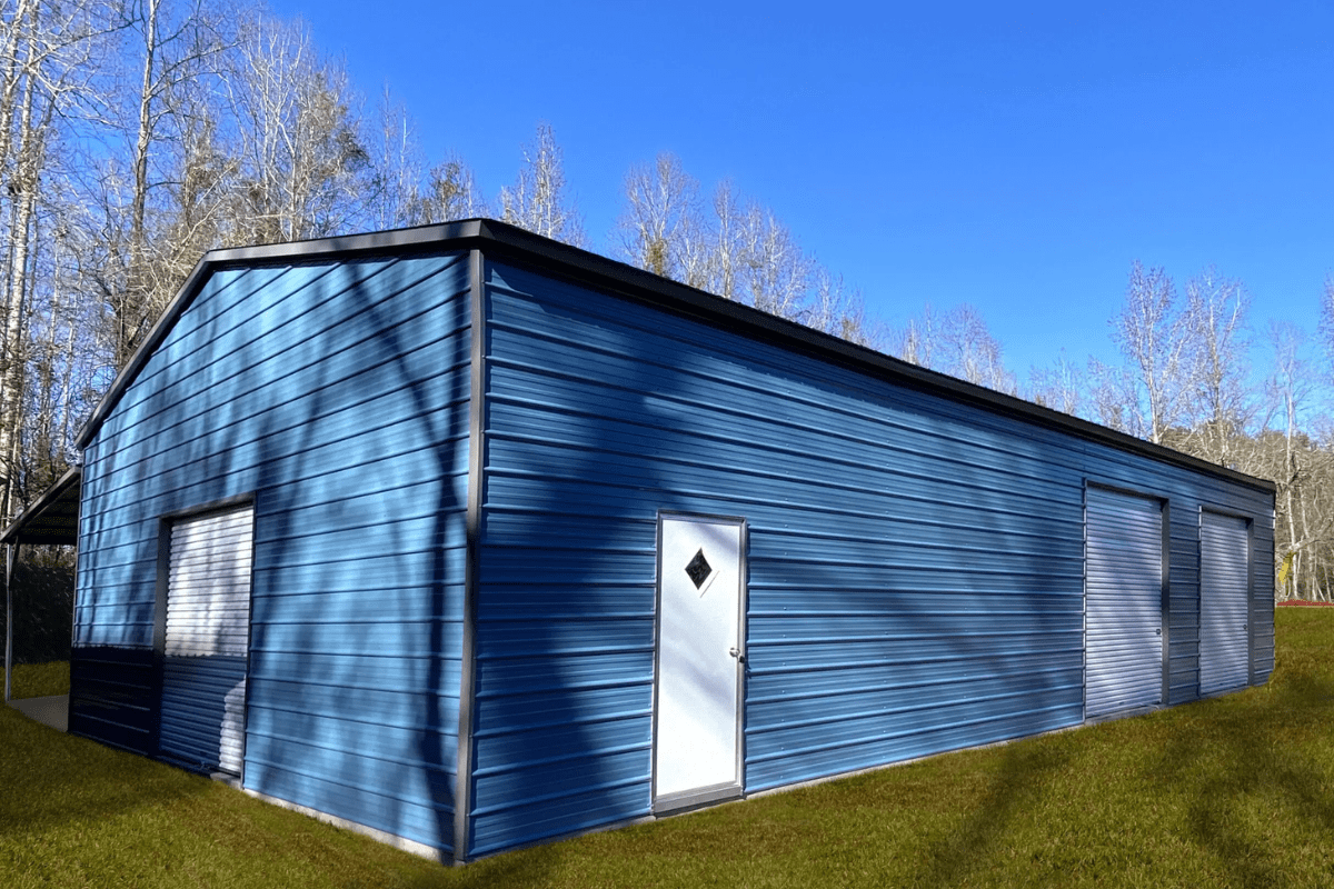 Blue Metal Building With Lean-To
