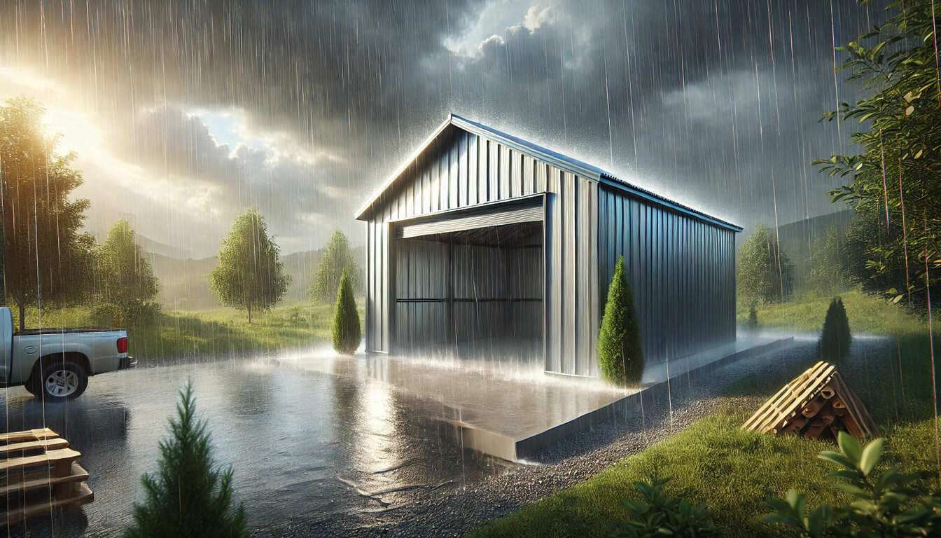 A new metal garage building in the rain