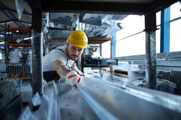 A worker performing the steel building fabrication process