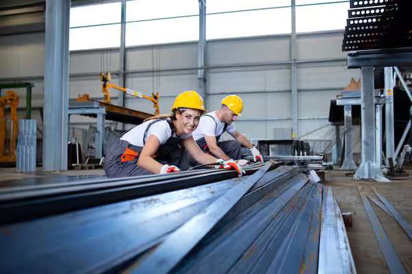 Workers carefully checking the quality of each steel product