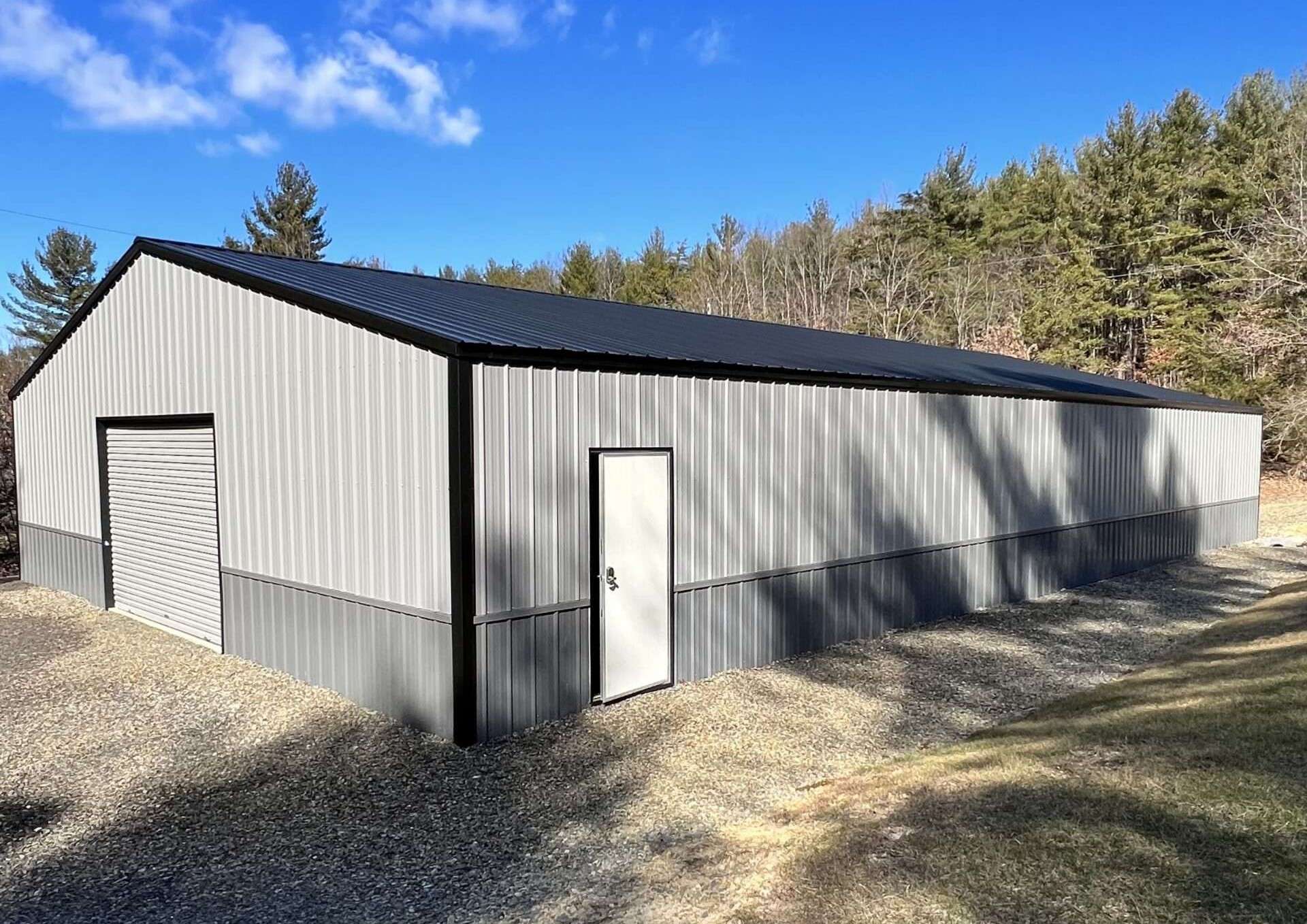 A gray commercial metal building.