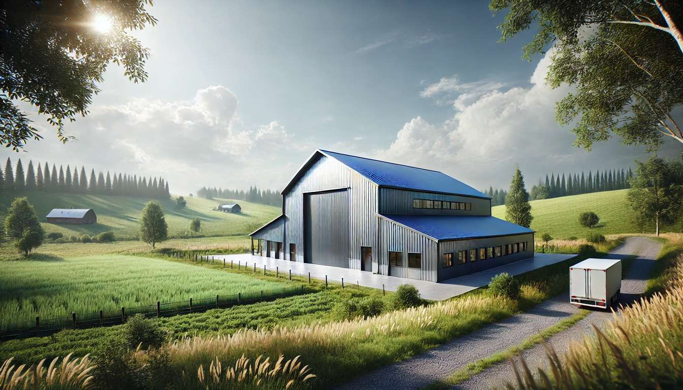 Metal building barn in a rural landscape setting