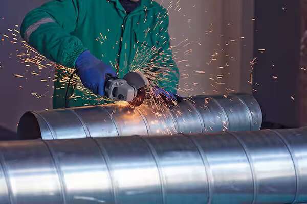 A worker making exhaust vents for the ventilation of a metal garage