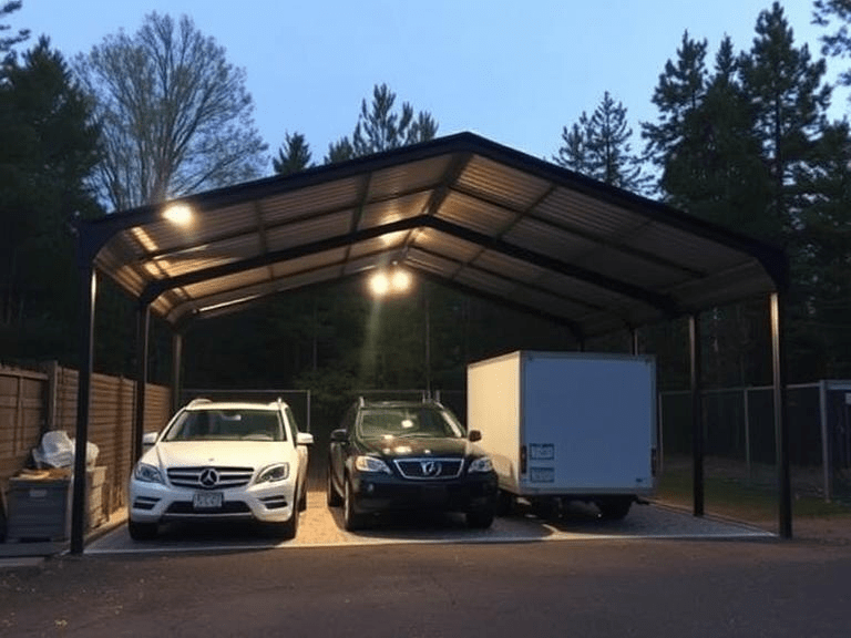 Three vehicles parked on the metal carport