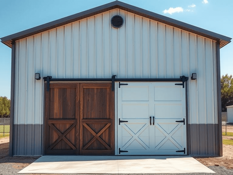 A metal building with customized barn doors