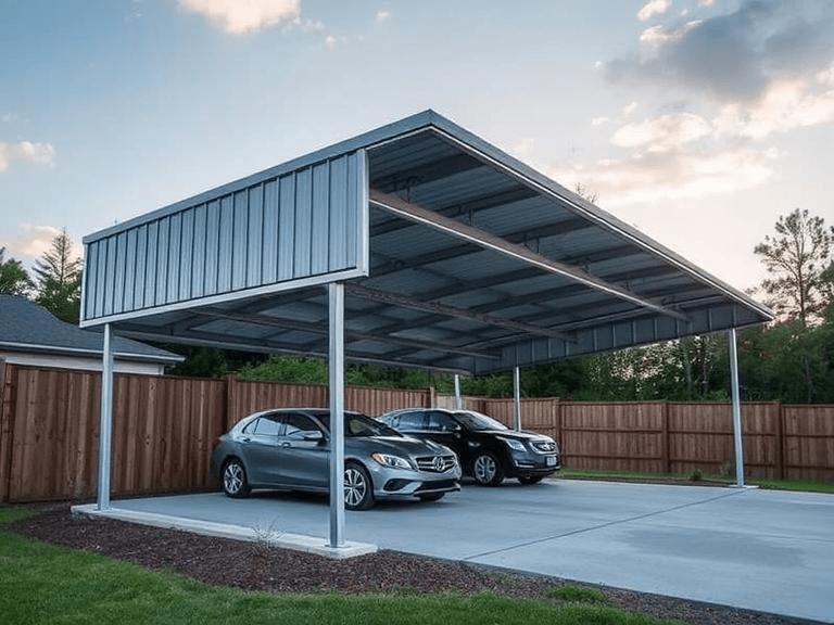 A metal carport with a high ceiling, customized to accommodate more vehicles 