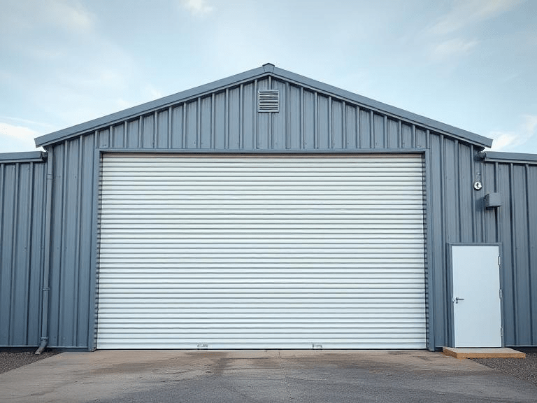 A metal building with shutters