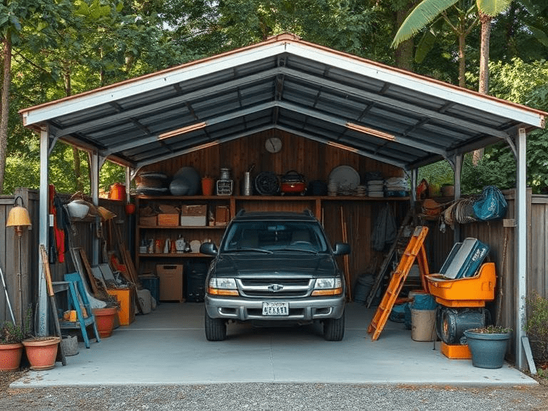 Car and many things stored in the metal carport 