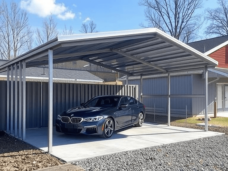 A car parked diagonally on the metal carport