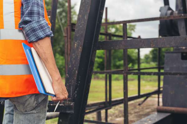 Worker inspecting barndominium framework with notebook and pen.