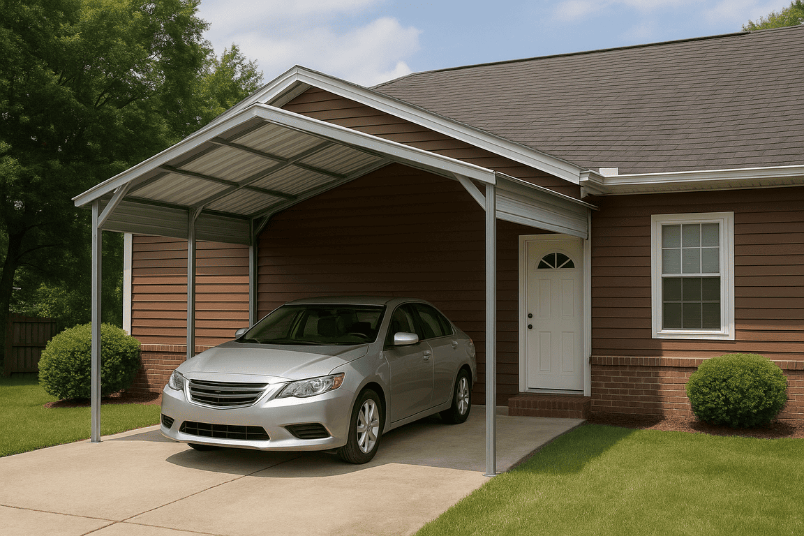 A gray car with a metal carport attached to a house