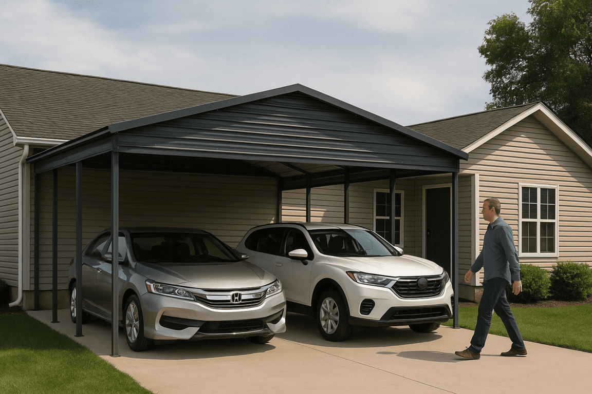 A person walking towards the cars with a metal carport attached to a house