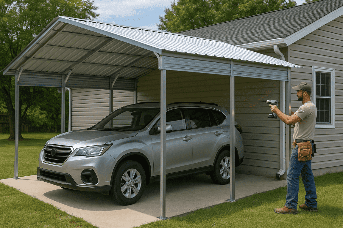 A metal builder finishing the metal carport 