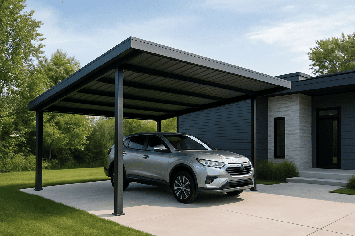 A simple metal carport with a parked car