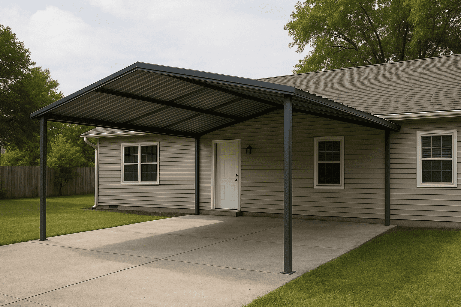 Empty metal carport attached to a house