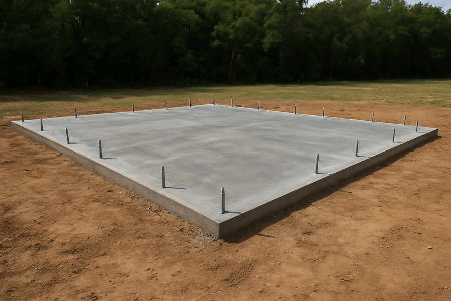 Concrete foundation ready for metal building construction on cleared dirt area.