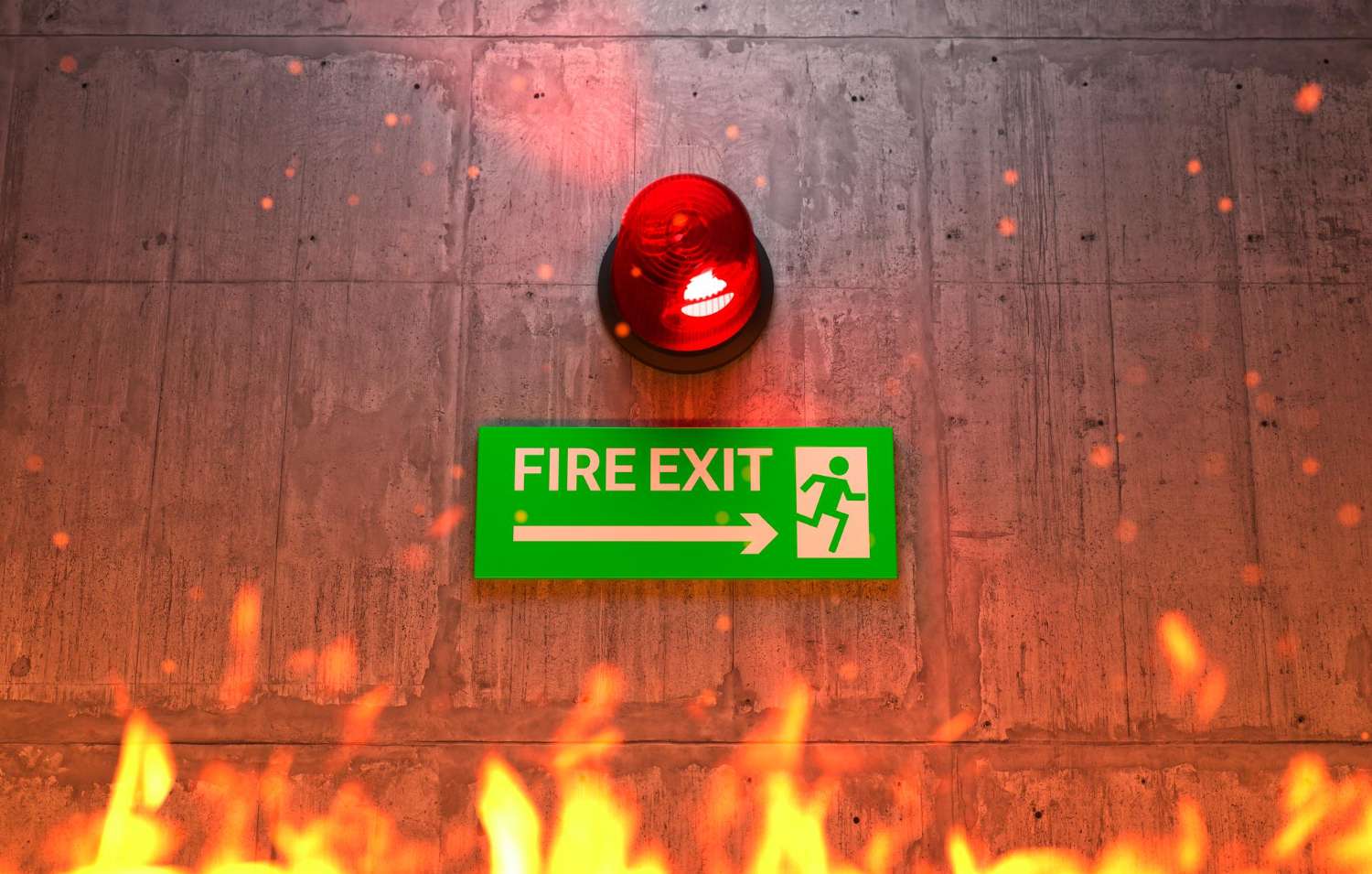 Fire exit sign visible from a burning building 