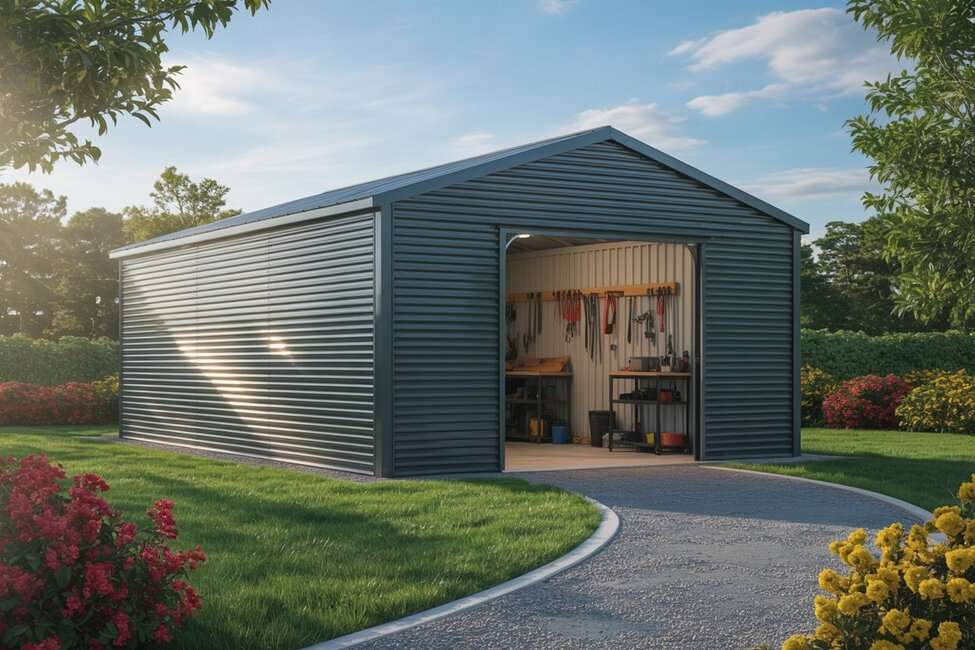 Blue prefab steel garages VS traditional garages comparison, residential property example.