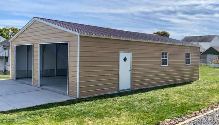 Prefabricated metal garages potential drawbacks shown in a beige residential building structure.